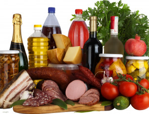 обоя еда, разное, сок, натюрморт, сыр, гранаты, грибы, шампанское, вино, масло, колбаса, помидоры, сало