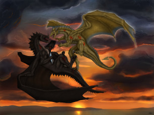 Картинка рисованное животные +сказочные +мифические закат облака фон драконы