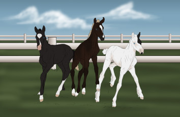 Картинка рисованное животные +лошади забор трава облака лошадки