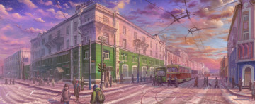 Картинка рисованное города трамвай зима прохожие перекресток улица город