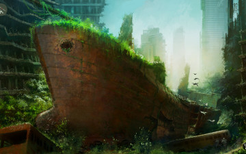 Картинка фэнтези иные+миры +иные+времена город корабль руины трава зарос постапокалиптика фантастика апокалипсис