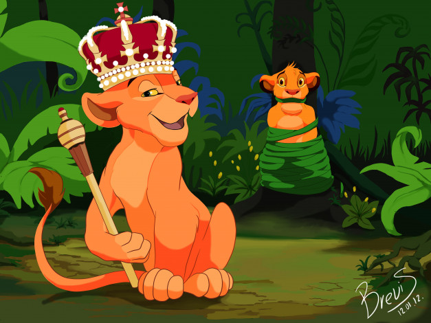Обои картинки фото рисованное, животные, лес, шест, корона, львы