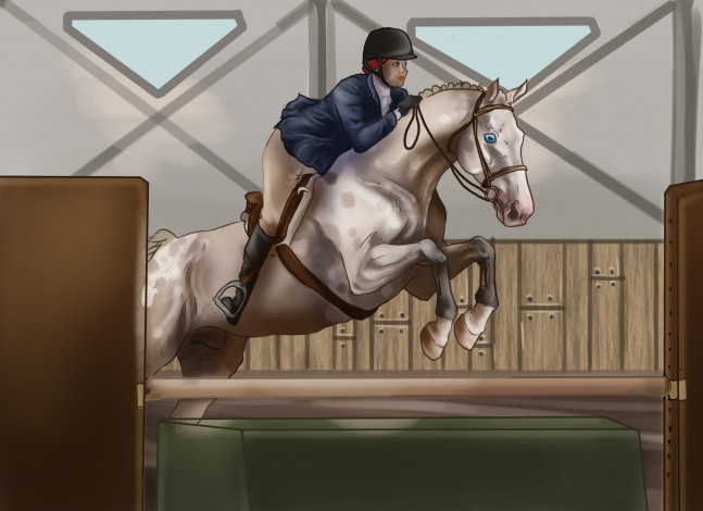 Обои картинки фото рисованное, животные,  лошади, лошадь, соревнования, всадник