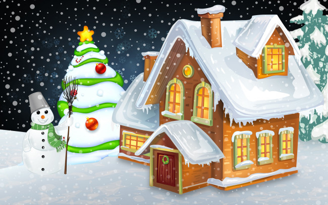 Обои картинки фото праздничные, векторная графика , новый год, зима, рождество, новый, год, праздник, дом, снеговик, снежинки, Ёлка, снег, домик, елка, минимализм, настроение