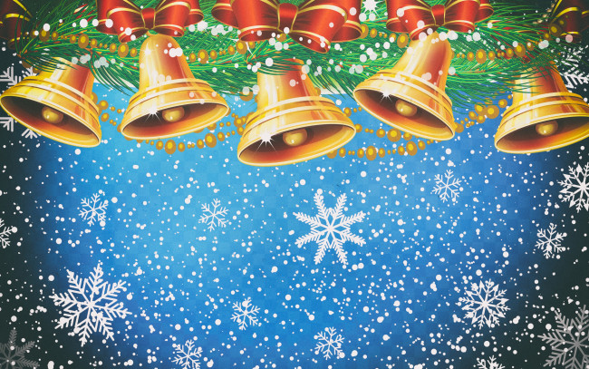 Обои картинки фото праздничные, векторная графика , новый год, зима, рождество, снежинки, фон, настроение, новый, год, праздник, колокольчики, украшения, снег, минимализм