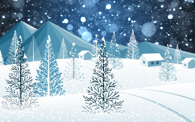 Обои картинки фото векторная графика, природа , nature, праздник, снег, горы, лес, Ёлки, минимализм, зима, рождество, елки, снежинки, новый, год, настроение