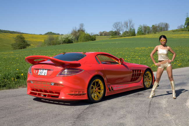 Обои картинки фото mercedes-benz slr mclaren 999 red gold dream, автомобили, -авто с девушками, азиатка, девушка, mercedes-benz, dream, gold, red, slr, mclaren, 999