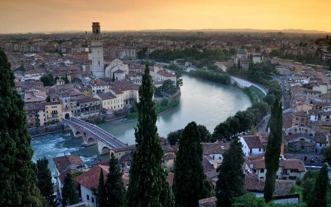 Обои картинки фото города, верона , италия, река, мост, панорама