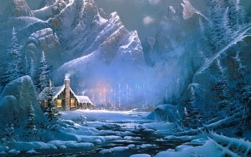 обоя рисованное, природа, дом, горы, лес, река, снег, зима
