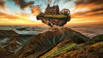 Картинка фэнтези иные+миры +иные+времена остров здание шестеренки горы облака