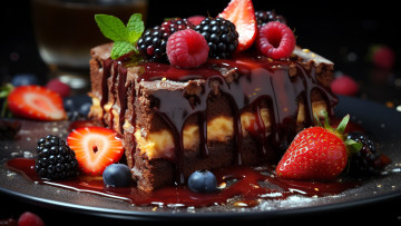 обоя еда, торты, шоколадная, глазурь, торт, ежевика, малина