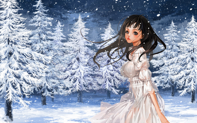 Обои картинки фото аниме, зима,  новый год,  рождество, взгляд, девушка, фон