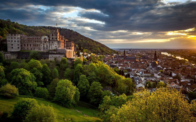 Обои картинки фото города, гейдельберг , германия, замок, панорама, тучи