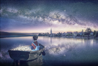 Картинка разное компьютерный+дизайн ребенок мальчик лодка озеро город