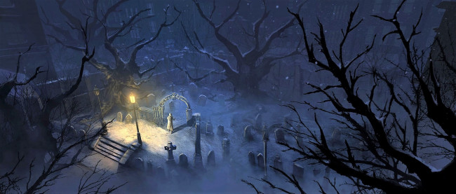 Обои картинки фото фэнтези, иные миры,  иные времена, кладбище, человек, город, деревья, снег