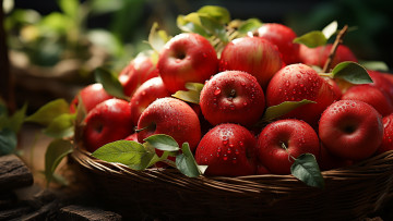 Картинка 3д+графика другое+ other листья капли корзина яблоки влага урожай плоды красные