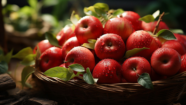 Обои картинки фото 3д графика, другое , other, листья, капли, корзина, яблоки, влага, урожай, плоды, красные