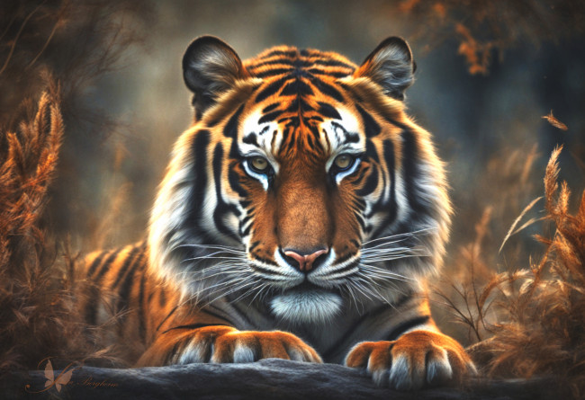 Обои картинки фото рисованное, животные,  тигры, тигр, кошка, взляд, хищник