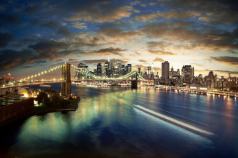 Картинка города нью йорк сша ночь огни облака мосты море вода