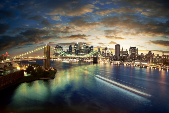 Обои картинки фото города, нью, йорк, сша, ночь, огни, облака, мосты, море, вода