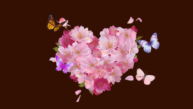 Обои картинки фото рисованные, цветы, букет, бабочки