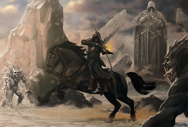 Обои картинки фото фэнтези, люди, воин, лошадь, всадник, сражение, руины, лучник, монстры