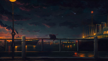 Картинка аниме город +улицы +здания звезды небо облака закат фонарь ночь бродячий животное кот корабли огни корабль пароход sylar113 порт вода
