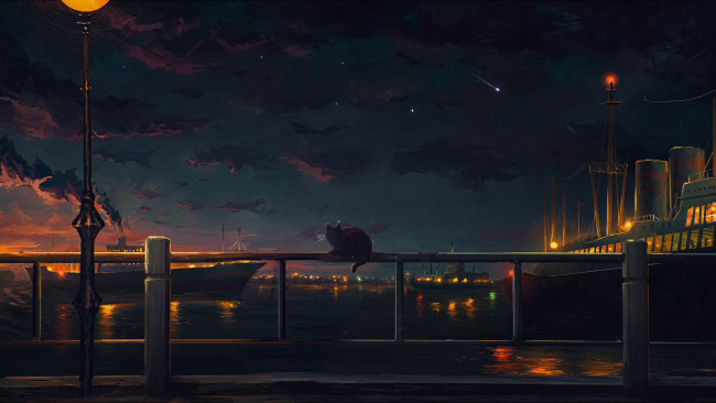 Обои картинки фото аниме, город,  улицы,  здания, звезды, небо, облака, закат, фонарь, ночь, бродячий, животное, кот, корабли, огни, корабль, пароход, sylar113, порт, вода