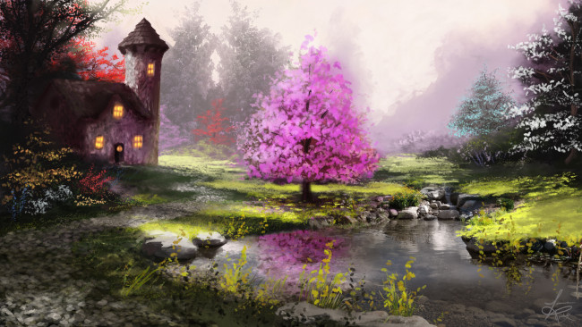 Обои картинки фото рисованное, природа, домик, река, деревья