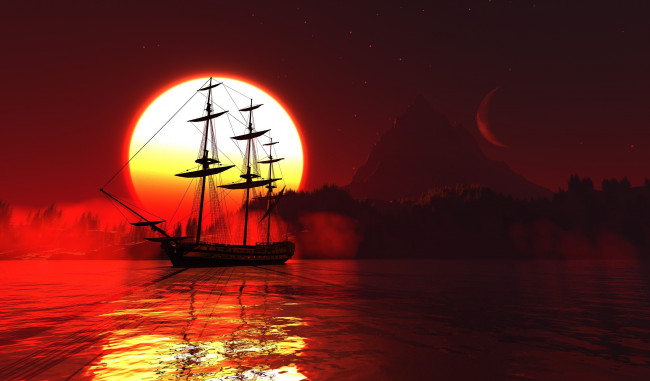 Обои картинки фото корабли, 3d, закат, море, парусник