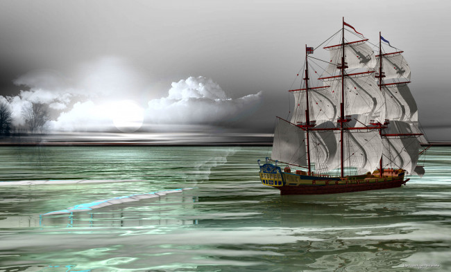 Обои картинки фото корабли, 3d, облака, море, парусник