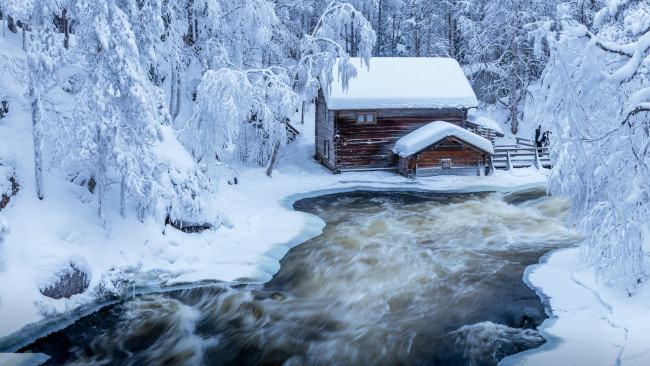 Обои картинки фото природа, зима, дома, снег, река, поток
