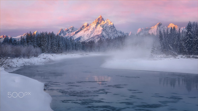 Обои картинки фото природа, реки, озера, снег, лес, горы, зима