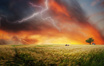 Картинка природа молния +гроза ambiaso огненное небо горизонт поле