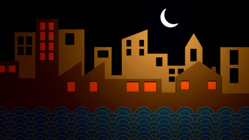 Картинка векторная+графика город+ city луна ночь дома город