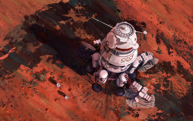 Обои картинки фото космос, арт, red, mars, космонавты, поверхность, космический, аппарат, ambition, 1, lander
