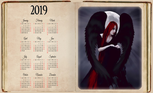 Обои картинки фото календари, фэнтези, книга, девушка, крылья, луна