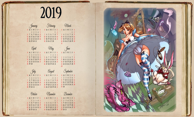 Обои картинки фото календари, фэнтези, кот, девушка, кролик