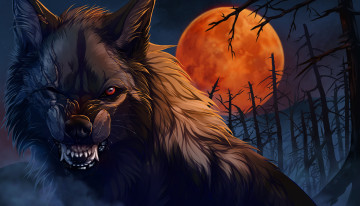 Картинка рисованное животные +волки волк фон луна взгляд оскал