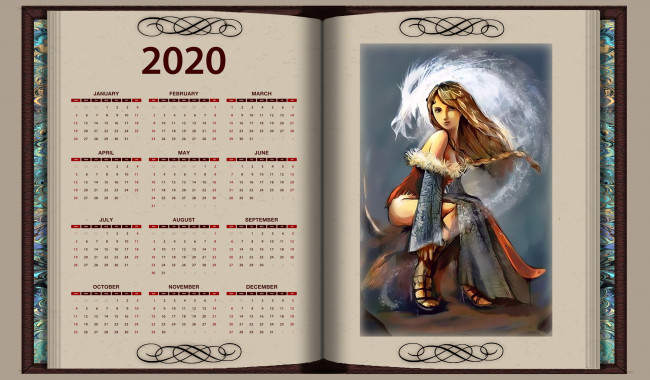Обои картинки фото календари, фэнтези, книга, девушка, взгляд, calendar, 2020