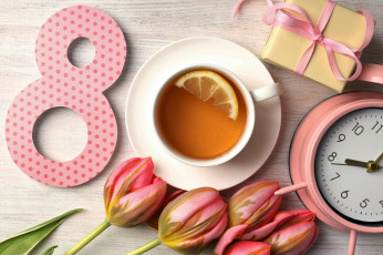 обоя праздничные, международный женский день - 8 марта, будильник, тюльпаны, чай, подарок, восьмерка