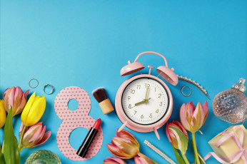 Картинка праздничные международный+женский+день+-+8+марта будильник тюльпаны помада восьмерка