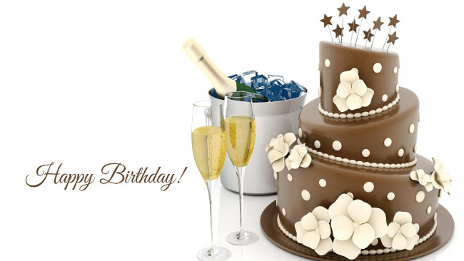 Обои картинки фото праздничные, день рождения, торт, шампанское, бокалы, надпись