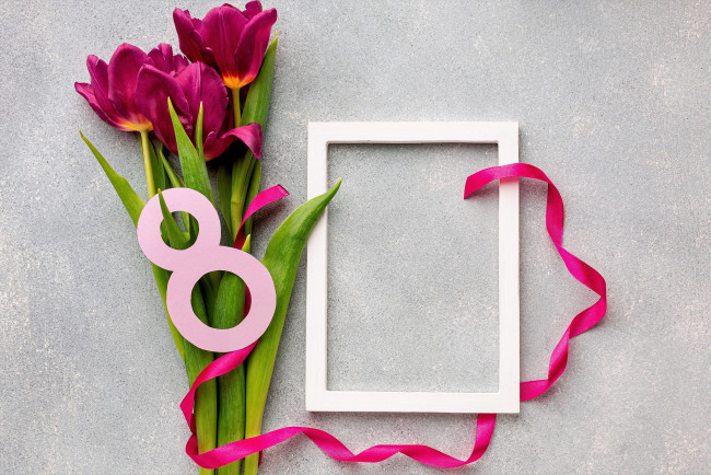 Обои картинки фото праздничные, международный женский день - 8 марта, тюльпаны, восьмерка, лента, рамка
