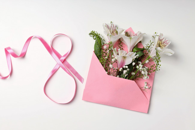 Обои картинки фото праздничные, международный женский день - 8 марта, лента, конверт, цветы