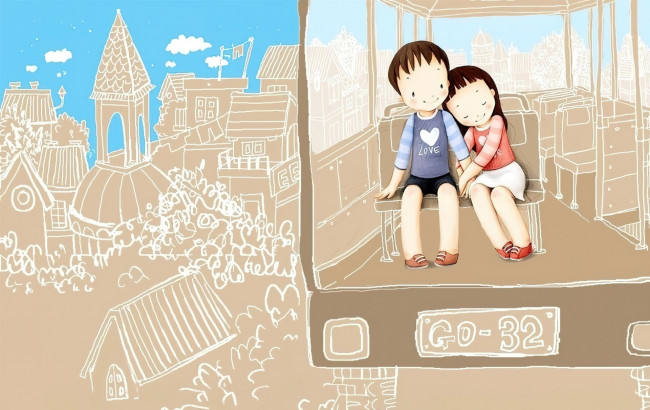Обои картинки фото рисованное, дети, мальчик, девочка, город, автобус