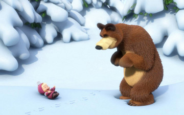обоя мультфильмы, маша, медведь, снег