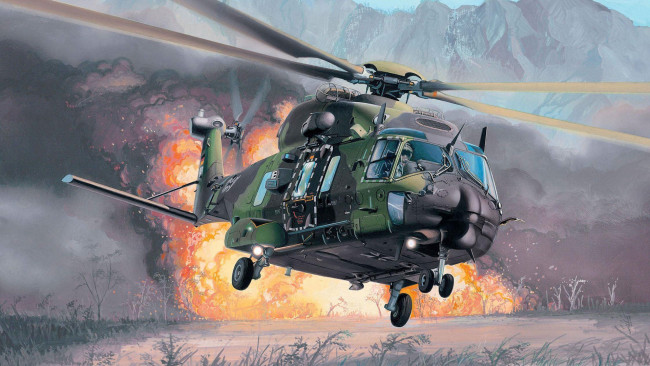 Обои картинки фото авиация, 3д, рисованые, graphic, арт, огонь, вертолёт, многоцелевой, nhi, nh90
