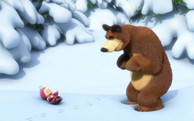 Обои картинки фото мультфильмы, маша, медведь, снег