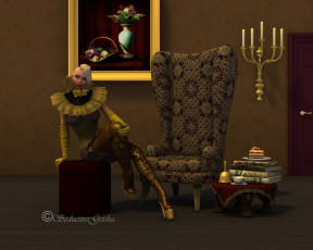 Картинка 3д+графика people+ люди комната девушка книги свечи картина кресло